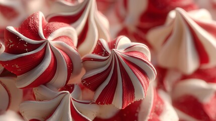 Close up of red and white peppermint meringue cookies.