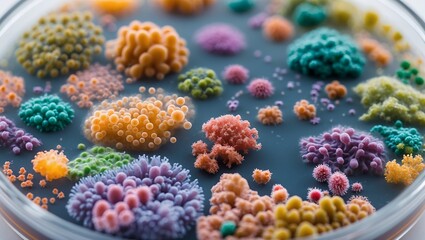Fototapeta premium Vibrant colonies of bacteria in petri dish close-up