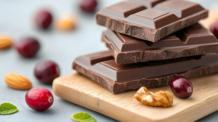 Dark Chocolate Pieces with Cranberries and Almonds on Wooden Board