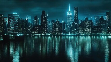 Night cityscape skyline reflected in calm water.