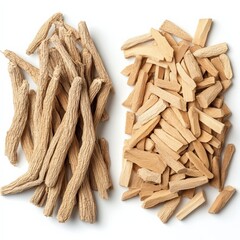 Dried and fresh ginseng root, isolated on white background, used in traditional Thai elixirs"