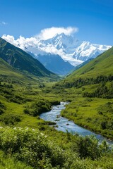Mountain valley with river and snow-capped peak