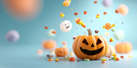 Fototapeta premium Festive Halloween scene with pumpkin and candy scattered on a light blue background.