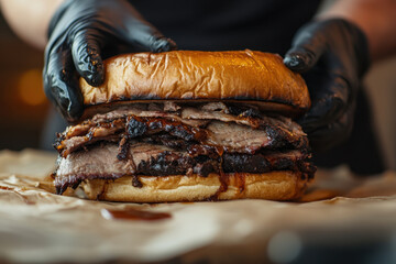 Person in black gloves holding a large sandwich.