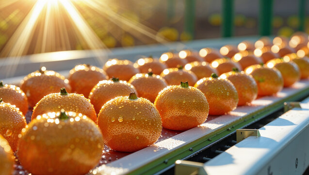 Close-up of fresh oranges on a conveyor belt bathed in warm sunlight, perfect for commercial use.