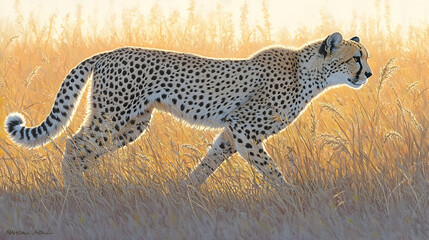 Obraz premium A majestic cheetah gracefully strides through tall golden grasses.