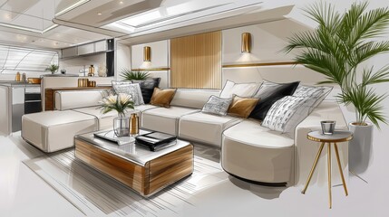 Modern Living Room Interior with Stylish Furniture, Neutral Color Palette, and Elegant Decorative Elements for Home Design.