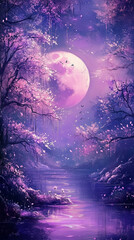 A mystical and vibrant illustration with a glowing moon surrounded by vivid flowers, trees, and lush foliage in rich purple and pink tones, fantasy-like details for backgrounds, wallpapers. 