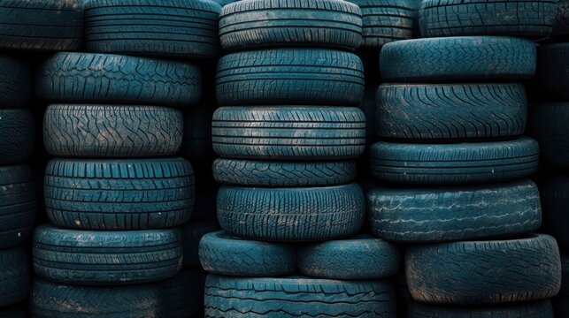 Stacked used tires in dark blue tones, creating a textured background.