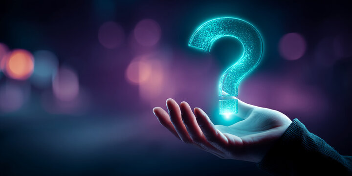 Glowing cyan question mark hovers above a hand, set against a blurred purple background, symbolizing inquiry, uncertainty, or the search for answers - Powered by Adobe