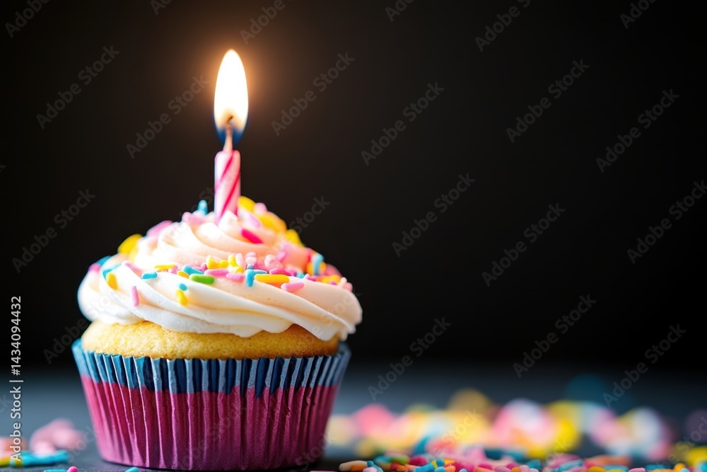 Poster delicious cupcake with creamy frosting and colorful sprinkles illuminated by a single candle flame o