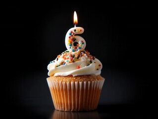 Delicious cupcake with number six candle on dark background celebration of sixth birthday sweet treat colorful sprinkles vanilla frosting