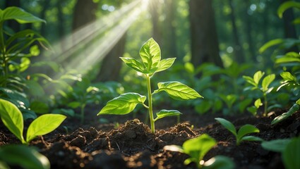 Vibrant green plant thriving in sunlit forest