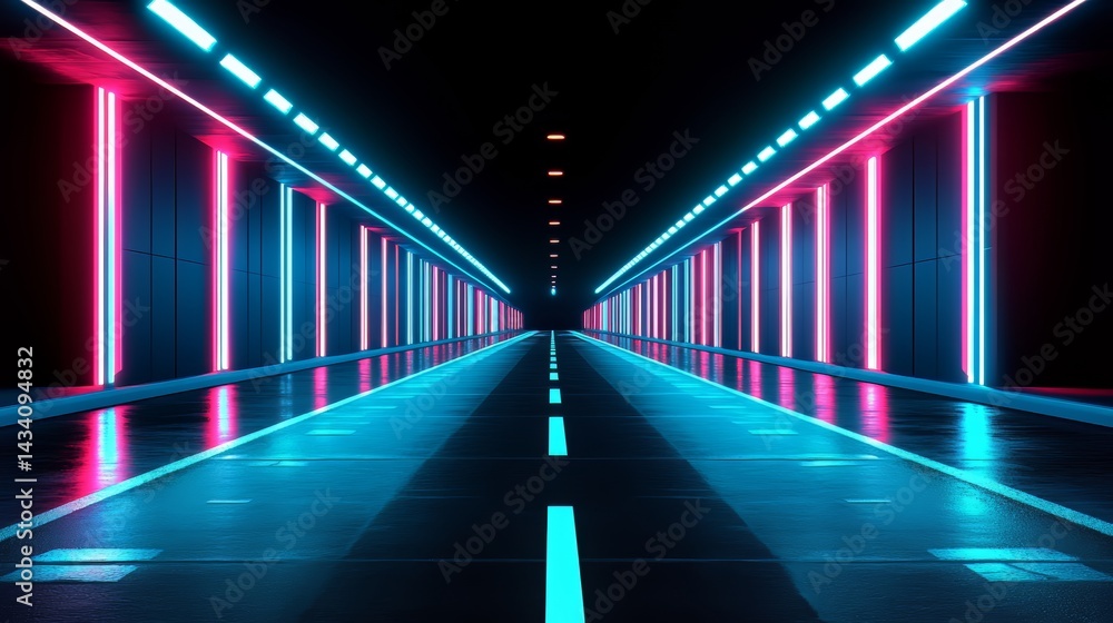 Poster long tunnel with neon lights on the walls. the tunnel is empty and the lights are bright