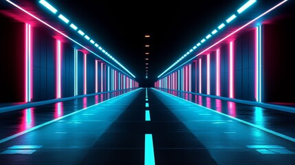Long tunnel with neon lights on the walls. The tunnel is empty and the lights are bright
