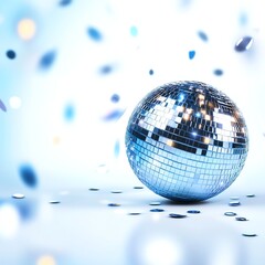 Shiny disco ball with colorful confetti in a bright setting.