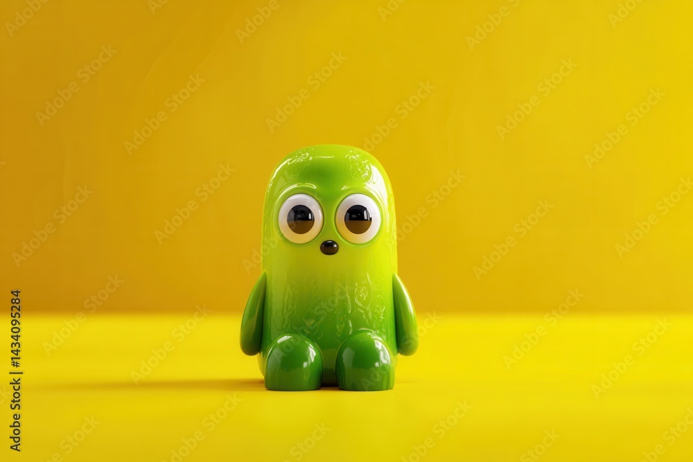 Poster charming green toy creature sitting on a yellow surface creating a playful and cheerful mood with a 