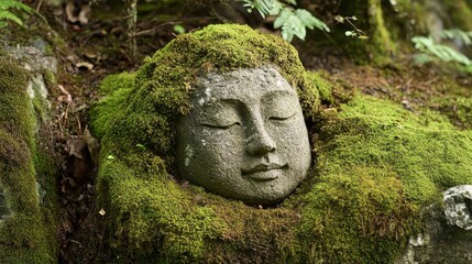 Moss-Covered Ancient Statue in Serene Forest Setting