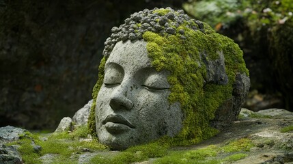 Moss-Covered Ancient Statue in Serene Forest Setting