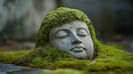 Moss-Covered Ancient Statue in Serene Forest Setting