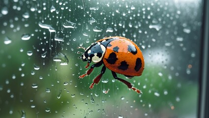 Obraz premium Vibrant ladybug on rainy windowpane perspective