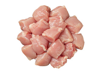 Pile of raw diced chicken pieces isolated on transparent background