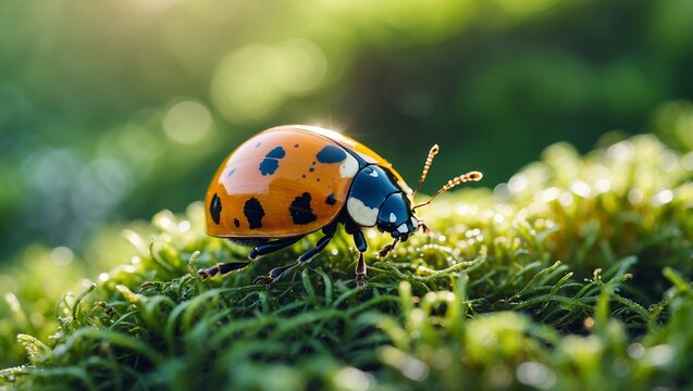 Vibrant ladybug crawling on sunlit green moss - Powered by Adobe