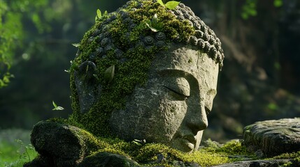 Moss-Covered Ancient Statue in Serene Forest Setting