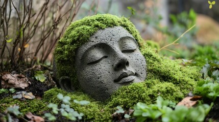 Moss-Covered Ancient Statue in Serene Forest Setting