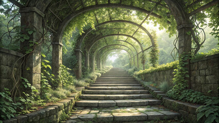 Obraz premium Stone Steps Ascending Through Green Archway