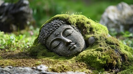 Moss-Covered Ancient Statue in Serene Forest Setting