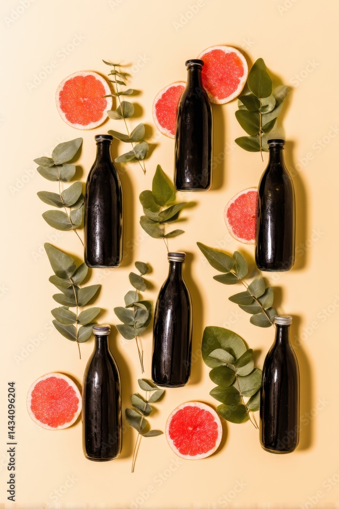Aufkleber elegant composition featuring black bottles grapefruit slices and eucalyptus leaves on a soft yellow