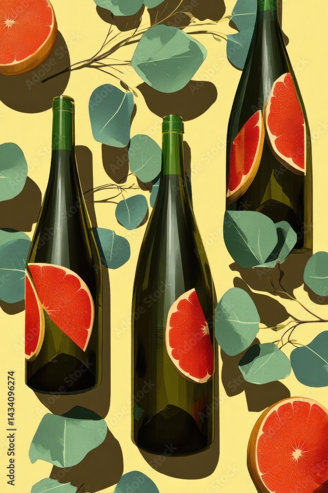 Aufkleber elegant wine bottle and grapefruit slices arrangement with eucalyptus leaves on a bright yellow back