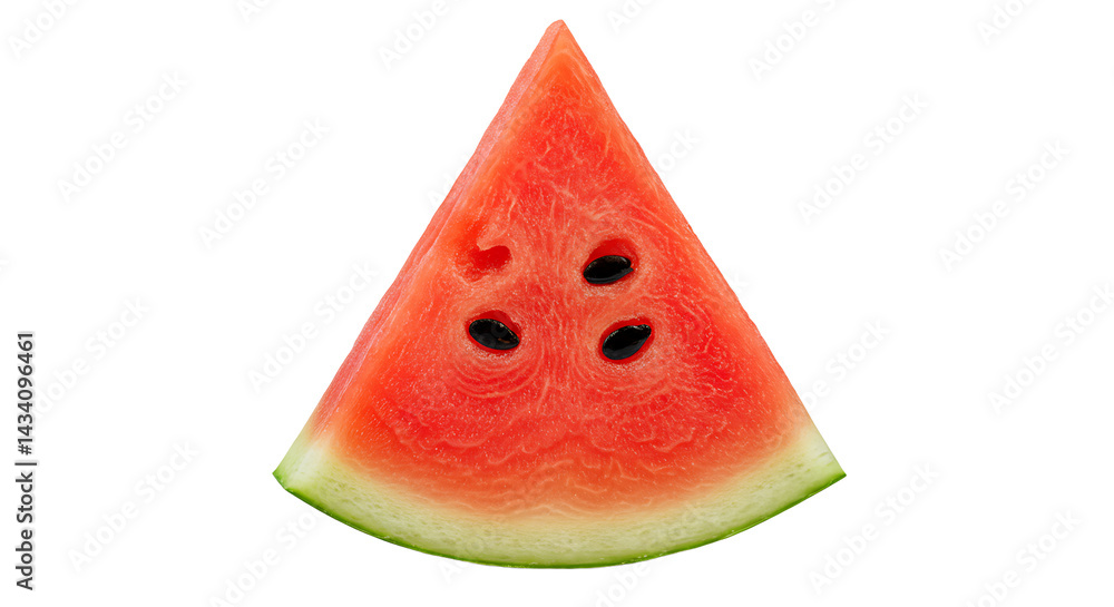 Poster a single triangular slice of watermelon with seeds isolated on a black background in full view