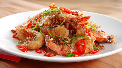 Crispy Fried Whole Shrimp Tossed with Salt and Chili Garnish for Flavorful Seafood Dish Presentation