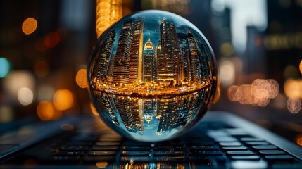 City skyline reflected in a crystal ball at night