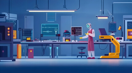 Robot Technician Working In Futuristic Laboratory At Night