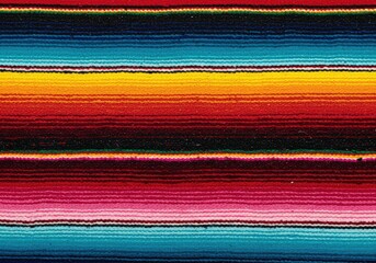 A vibrant, colorful serape blanket showcases a stunning array of horizontal stripes in a woven design.