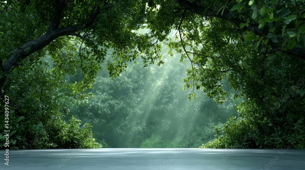 Poster Lush green forest with a path leading through it. The sunlight is shining through the trees, creating a peaceful and serene atmosphere