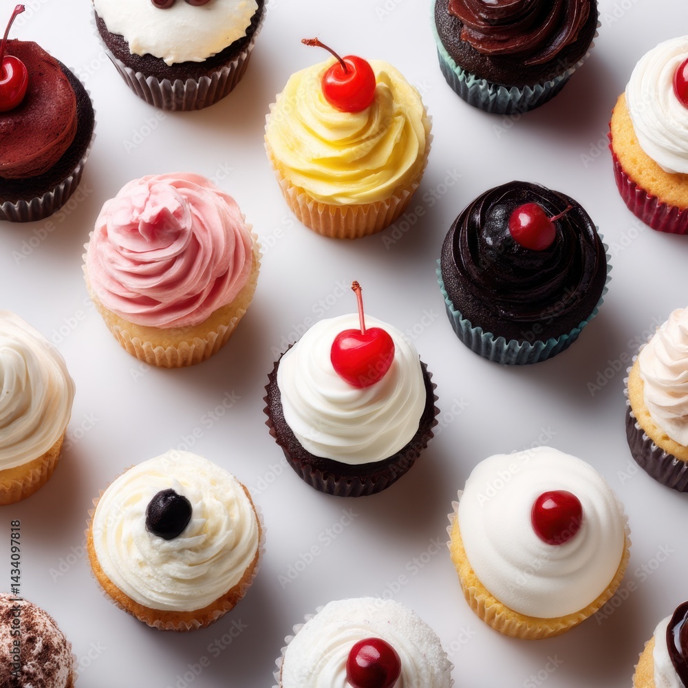 Poster delightful array of colorful cupcakes with cherry toppings arranged on a clean white background show