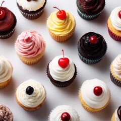 Delightful array of colorful cupcakes with cherry toppings arranged on a clean white background showcasing a sweet dessert concept from a high angle view in a studio setting