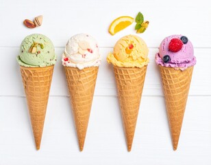Photo of assorted ice cream cones with various flavors on white wooden background