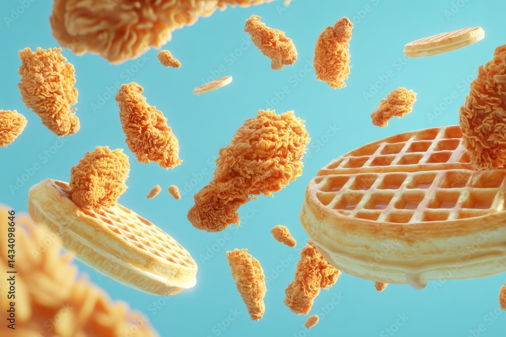 Poster crispy fried chicken and golden waffles floating against a vibrant blue background creating a whimsi