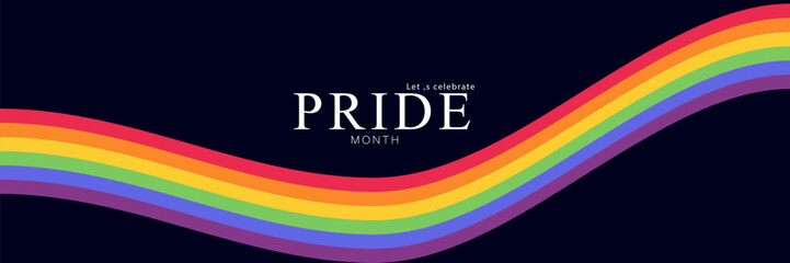 Let's Celebrate PRIDE month background for festival parades, parties, and social events. Colorful rainbow flag on dark background. Vector design template.
