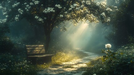 Ethereal Foggy Forest Path with a Solitary Bench and a White Rose Emanating Melancholic Memories