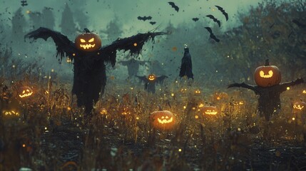 Fototapeta premium Spooky Halloween scene with scarecrows with pumpkin heads and bats flying in the night. Halloween concept.