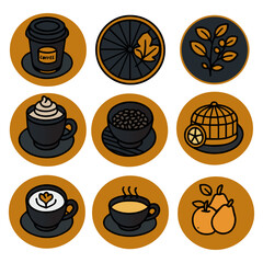 Collection of nine cozy autumn coffee icons. Includes cups, beverages, coffee beans, and decorative items like fruits and leaves on warm backgrounds, ideal for seasonal themes and beverage-related
