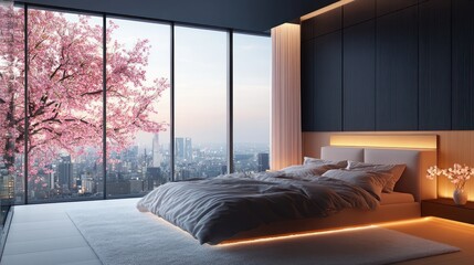 Modern bedroom with city view and cherry blossom tree.