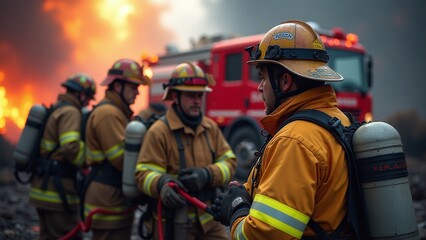 Firefighter team working together, firetruck, rescue operation