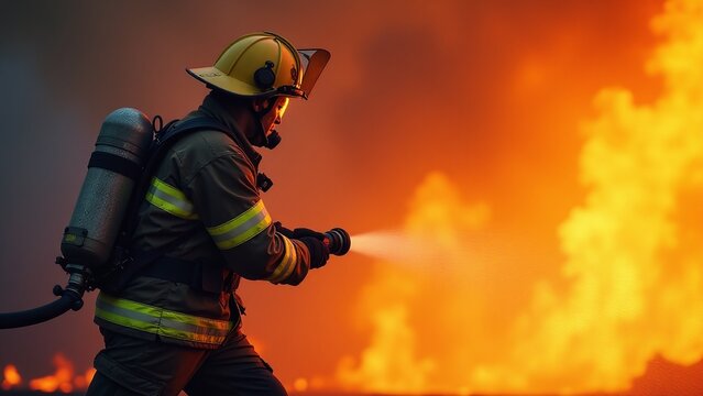 Firefighter in action, extinguishing flames, fire rescue, bravery